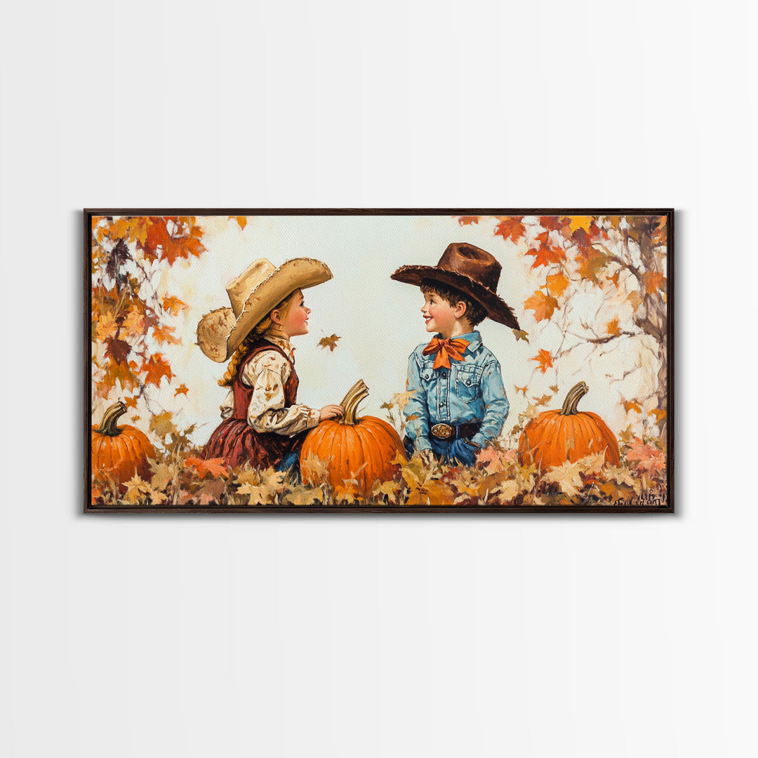 Cute Cowboy and Cowgirl In a Pumpkin Patch, Framed Canvas Print, 1950s Style Wall Art, Nursery Decor