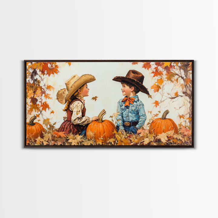 Cute Cowboy and Cowgirl In a Pumpkin Patch, Framed Canvas Print, 1950s Style Wall Art, Nursery Decor
