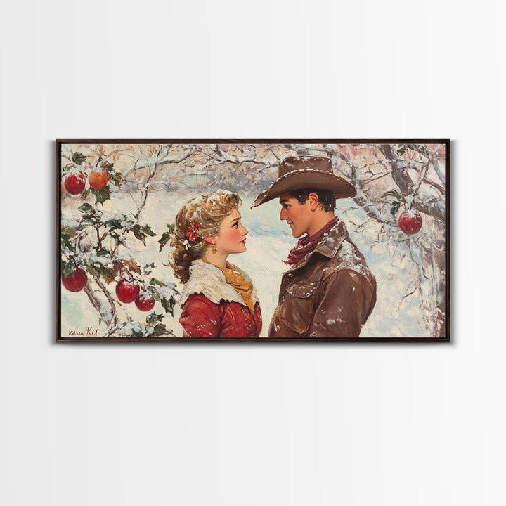Cowboy and Cowgirl meet under the mistletoe, framed canvas print, cute winter wall art, Christmas home decor, seasonal rustic decor