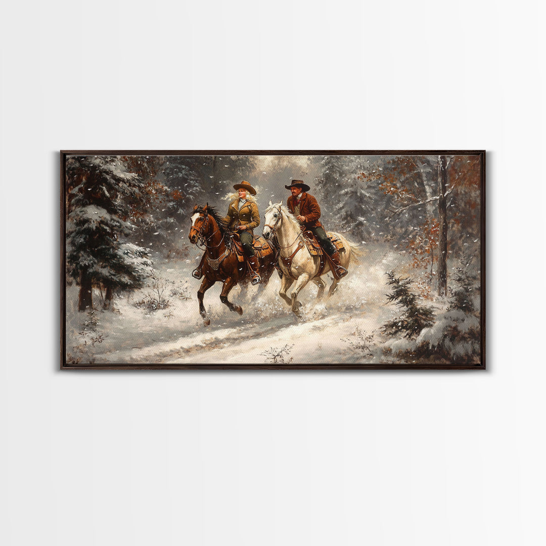 Riders In The Snow, Framed Canvas Print, Rustic Wall Decor, Primitive Art, wall art, warm fall colors, western decor, rustic farmhouse