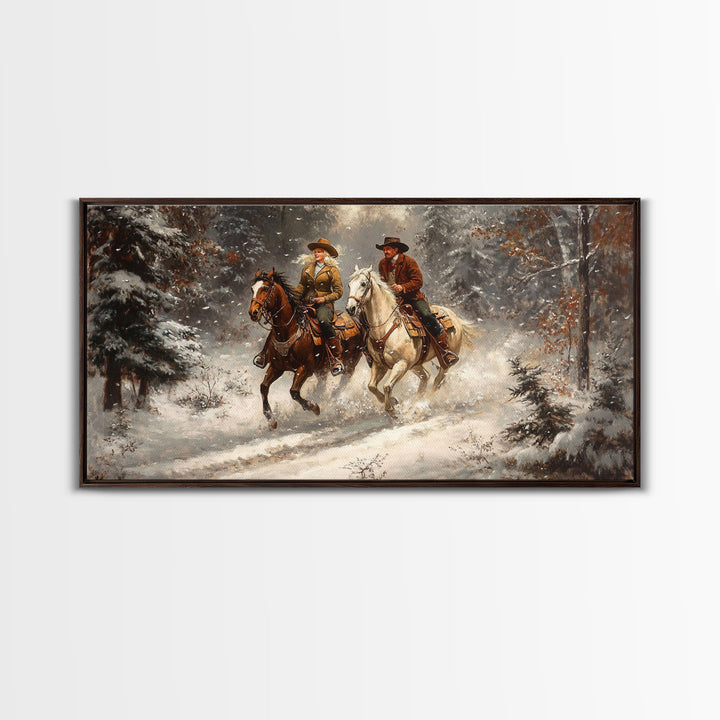 Riders In The Snow, Framed Canvas Print, Rustic Wall Decor, Primitive Art, wall art, warm fall colors, western decor, rustic farmhouse