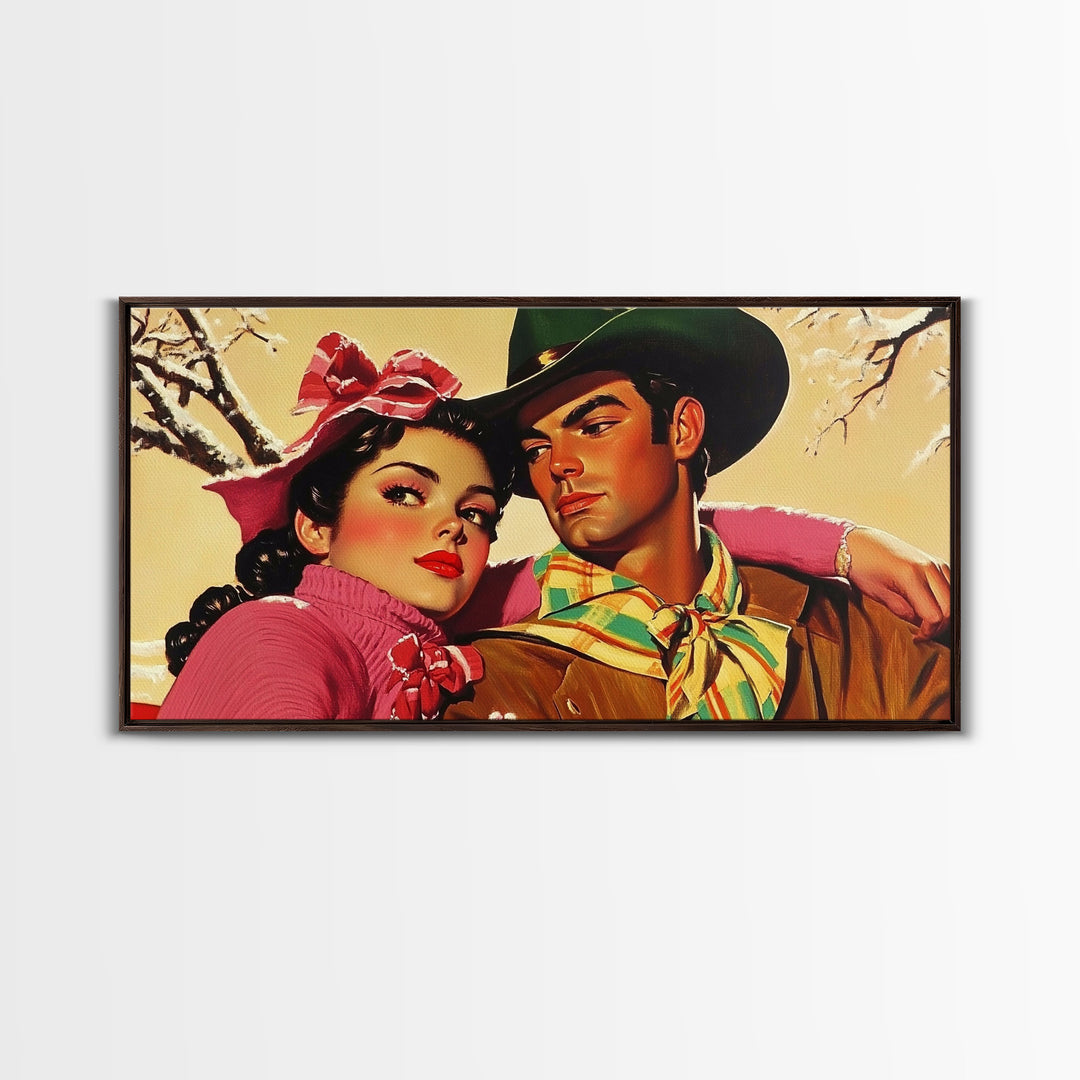 Retro 50s Style Cowboy and Cowgirl In Love, Gift For Couples, Framed Canvas Print, vintage wall art, rustic decor, classic western print
