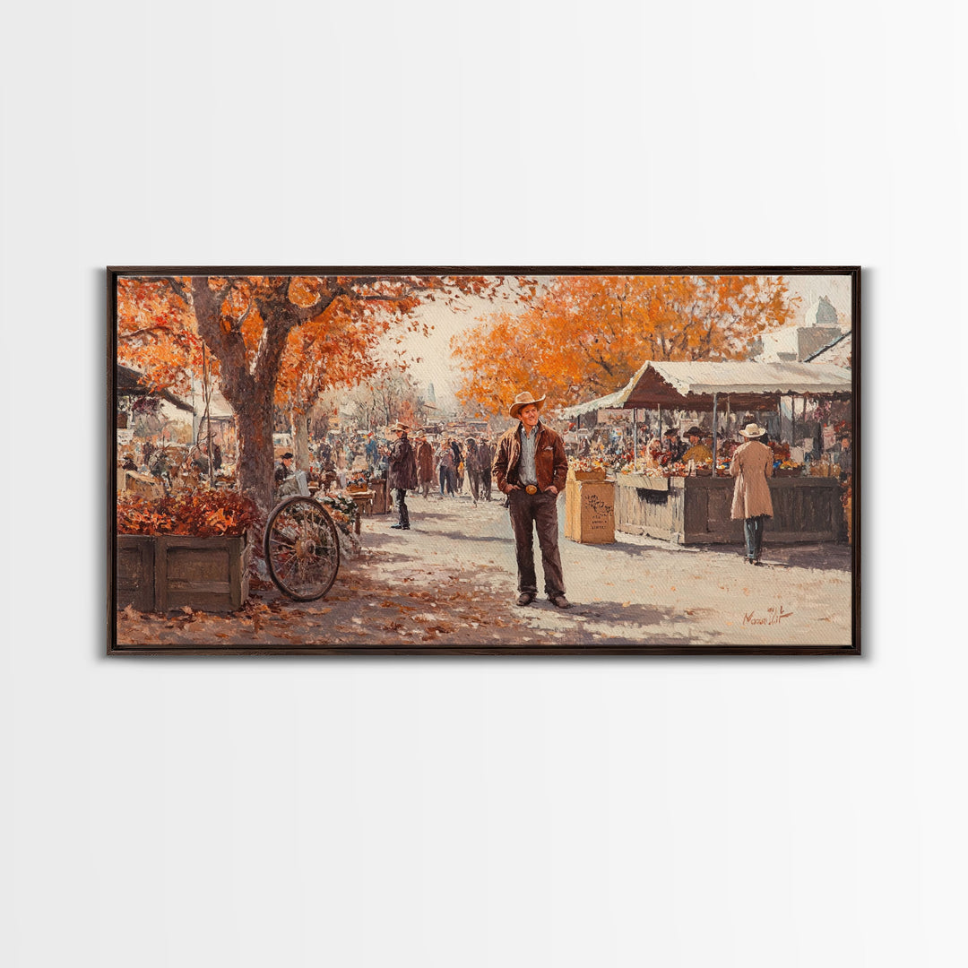 Cowboy in green jacket, snow-capped mountains trees, Framed Canvas Print, tall western Christmas wall art, winter decor, colorful landscape