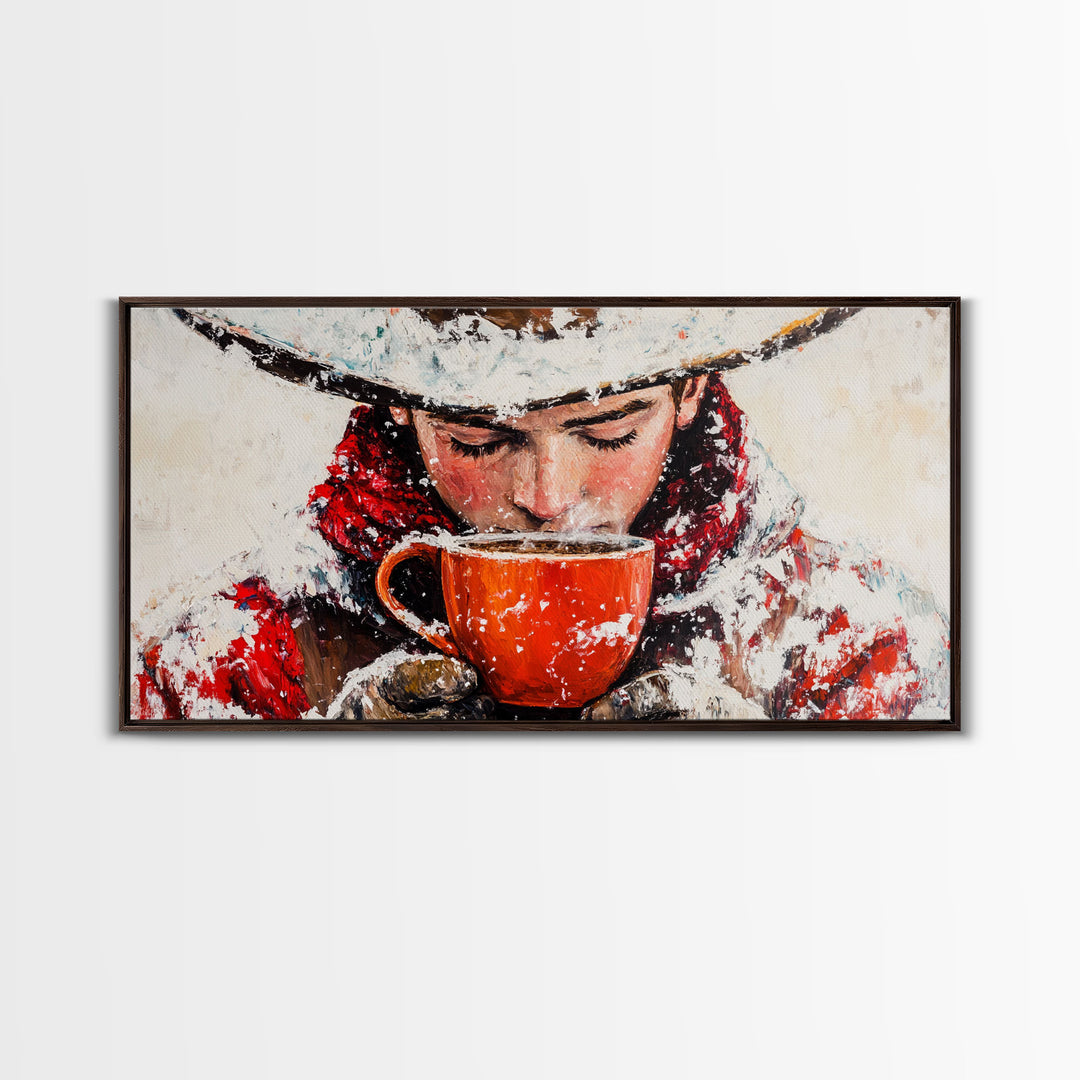 Cowboy in forest with burning fire, deep autumn hues, Framed Canvas Print, moody landscape, fall western art, rustic wall piece, wall decor