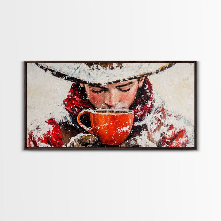 Cowboy in forest with burning fire, deep autumn hues, Framed Canvas Print, moody landscape, fall western art, rustic wall piece, wall decor