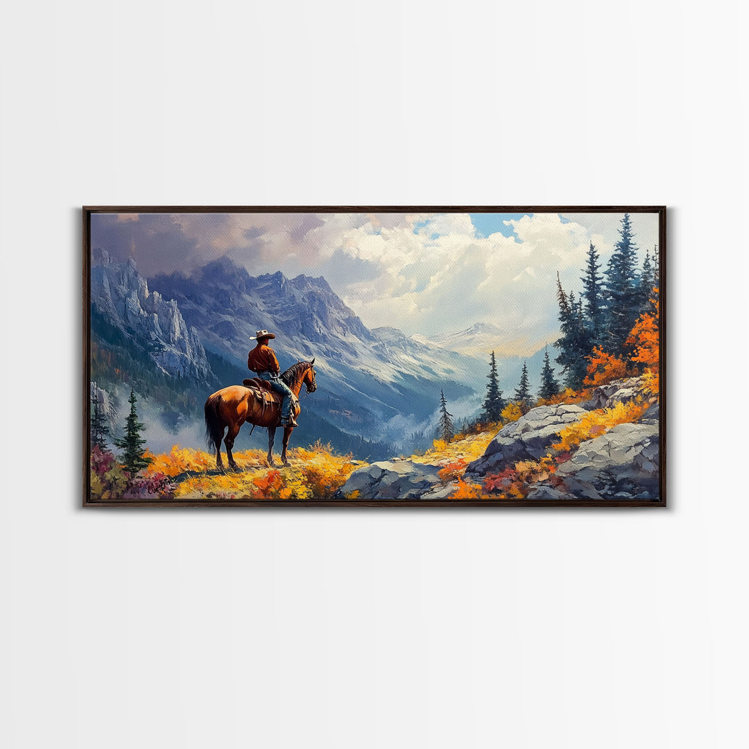 Close-up of Western cowgirl in fall foliage, Framed Canvas Print, modern tall art farmhouse gallery wall, rustic cowboy aesthetic wall print