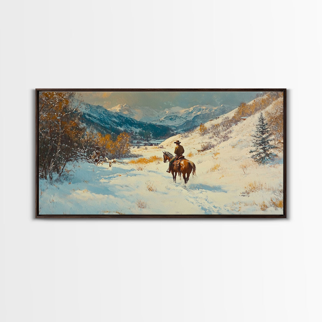 Cowgirl with yellow scarf in fall forest, Framed Canvas Print, tall dramatic black white wall art with a pop of color, moody autumn decor