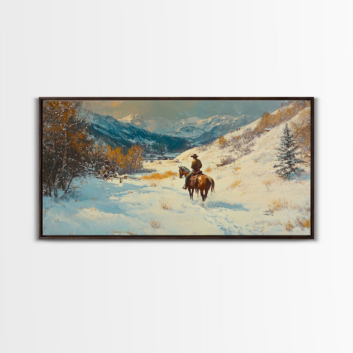 Cowgirl with yellow scarf in fall forest, Framed Canvas Print, tall dramatic black white wall art with a pop of color, moody autumn decor