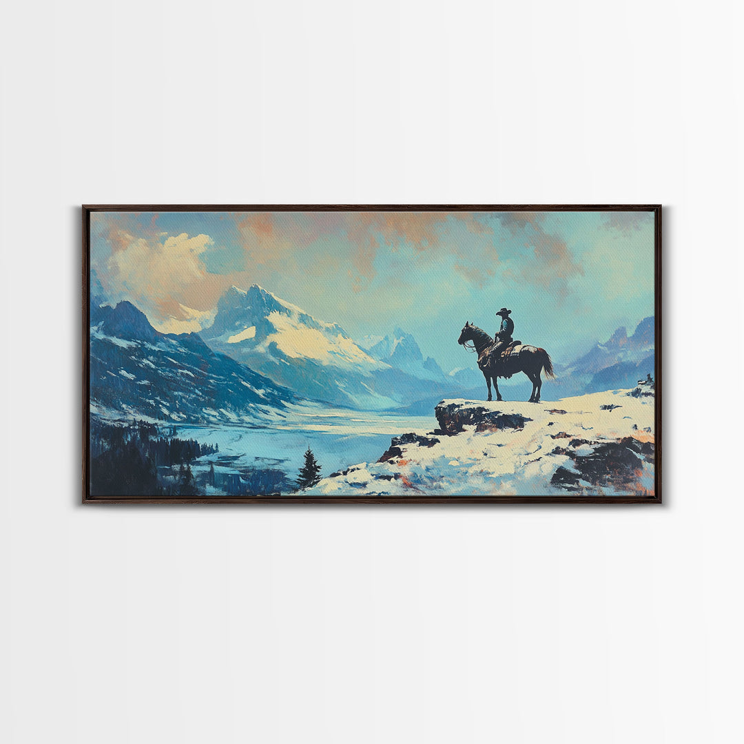 Smiling cowgirl in snow with autumn trees, Framed Canvas Print, rustic wall art winter autumn, tall art piece farmhouse country decor