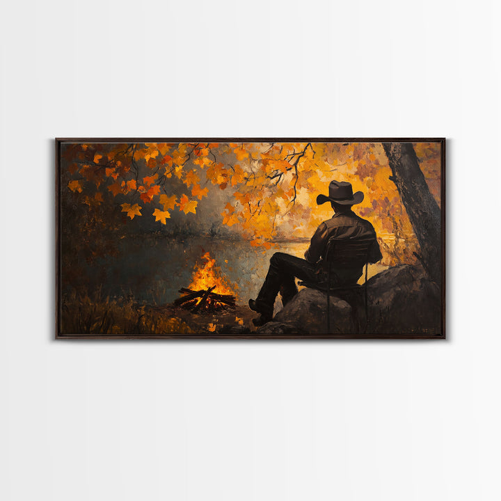 Cozy autumnal Framed Canvas Print featuring a woman with a mug, surrounded by vibrant fall leaves, perfect seasonal wall art for cozy spaces