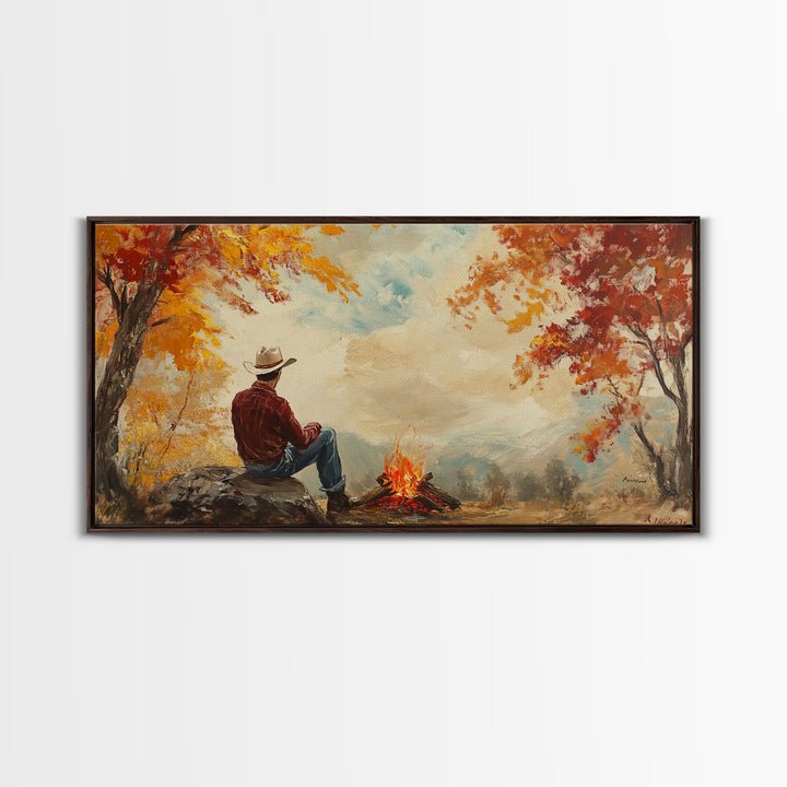 Cheerful Framed Canvas Print of a woman in a cowboy hat enjoying a coffee by fall colors, perfect vintage autumn wall art decor