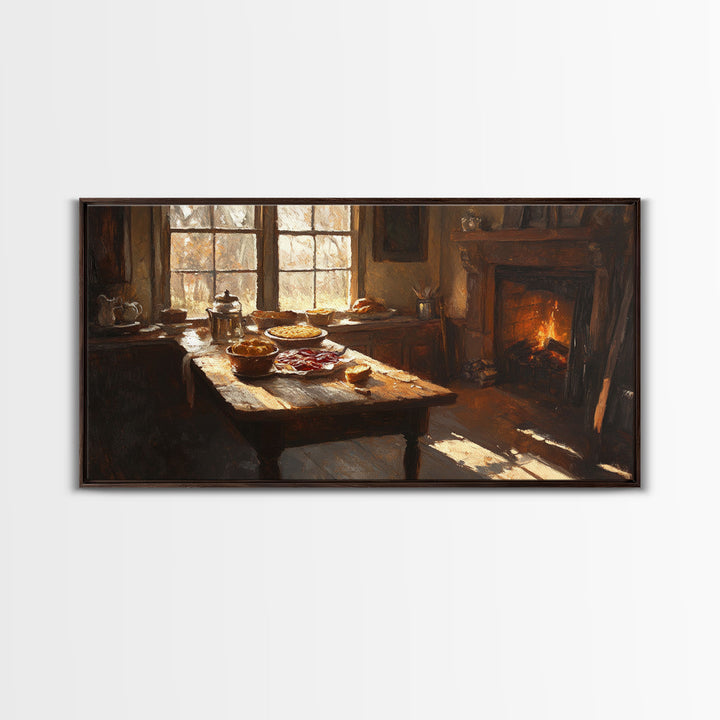 Cozy Kitchen Framed Canvas Print Autumn Fireplace Rustic Home Decor Seasonal Fall Art Large Wall Art Gift for Thanksgiving Decor
