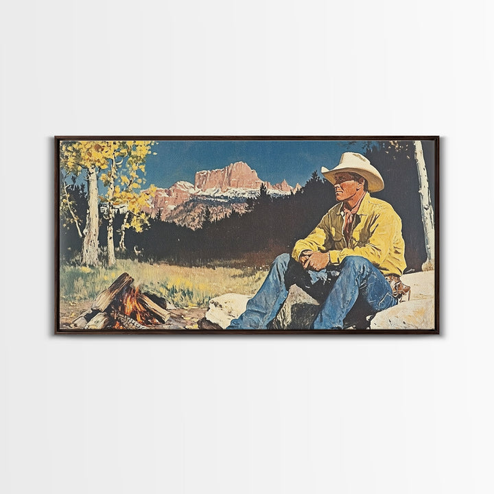 Bold monochromatic Framed Canvas Print showcasing a woman in a cowboy hat with horses in a snowy mountain landscape, rustic winter wall art