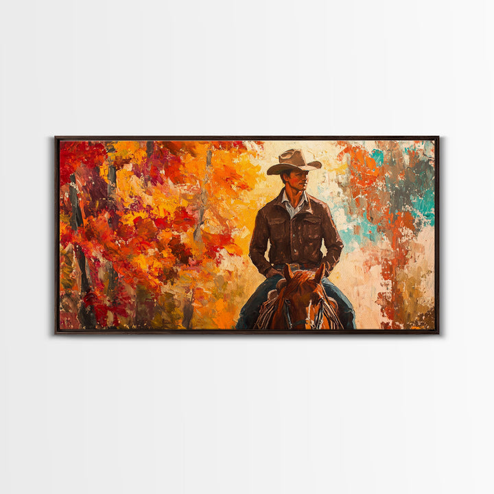 Cowboy Riding Through The Autumn Trees, Framed Canvas Print, Rustic Farmhouse Wall Art, Boho Style Seasonal Watercolor Painting