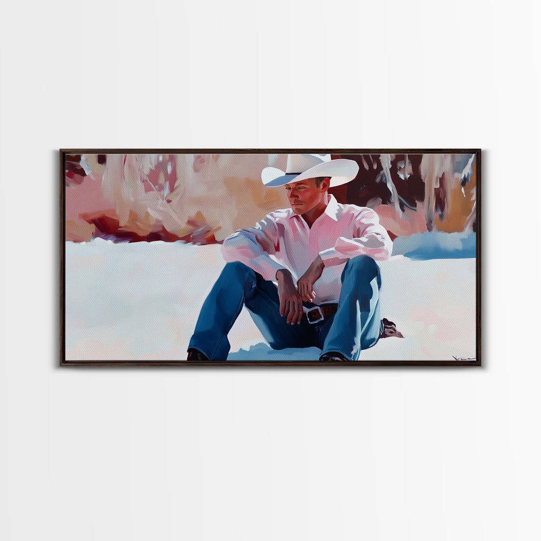 Fall harvest Framed Canvas Print featuring a cowgirl sitting among pumpkins in a rustic setting, farmhouse autumn decor and wall art