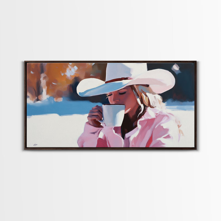 Cowgirl Enjoying A Cup of Coffee, Framed Canvas Print, Winter Wall Art, Pink Decor, Gift For Her, Seasonal Winter Home Decor