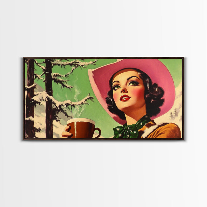 Retro Cowgirl Having A Cup Of Coffee, Framed Canvas Print, 1950s Style Wall Art, Vintage Art, Winter Decor, Watercolor Christmas Art