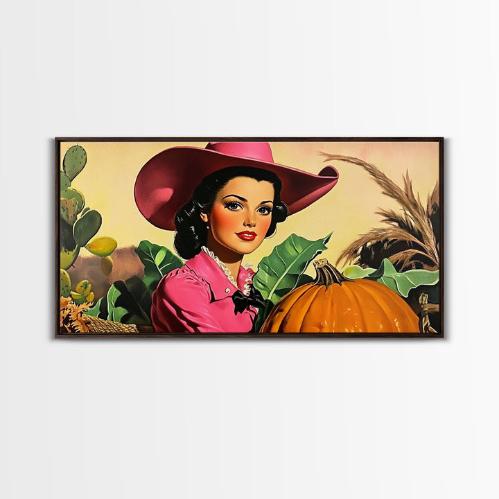 Retro Cowgirl In A Pumpkin Patch, Framed Canvas Print, Fall and Autumn Rustic Decor, perfect autumn or Christmas decor wall art