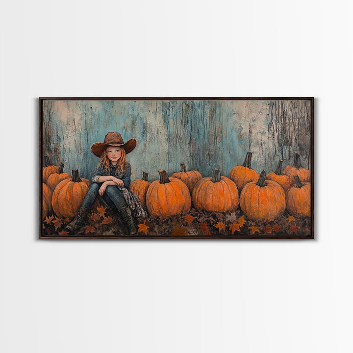 Cute Cowgirl In A Pumpkin Patch, Framed Canvas Print, Fall / Thanksgiving Decor, minimalist seasonal art for autumn or Christmas decor