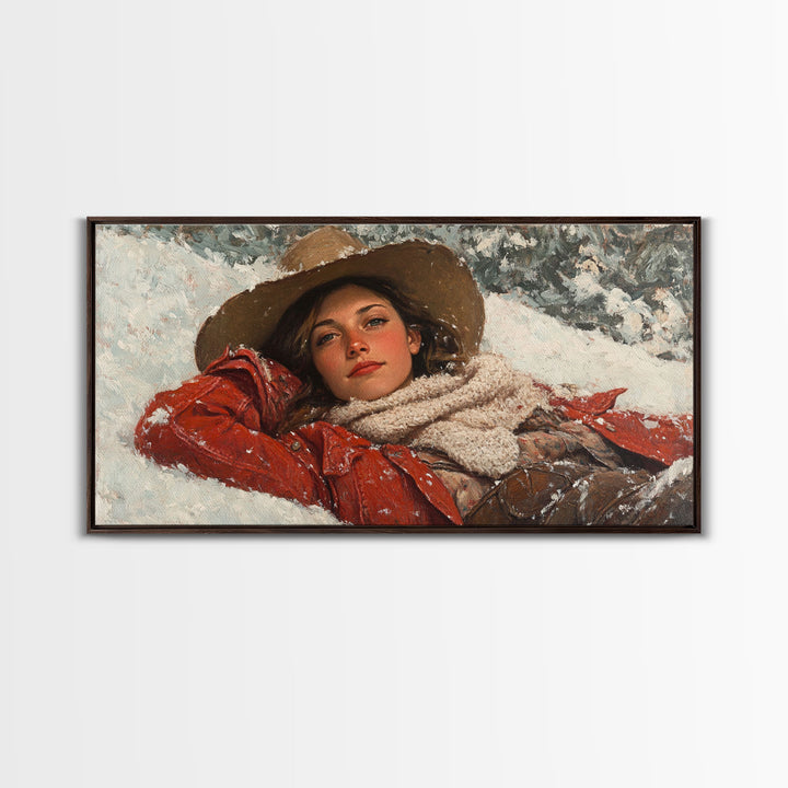 Cowgirl Laying In The Snow Framed Canvas Print, Cute Rustic Decor, Cowgirl Portrait Painting, Winter Wall Art