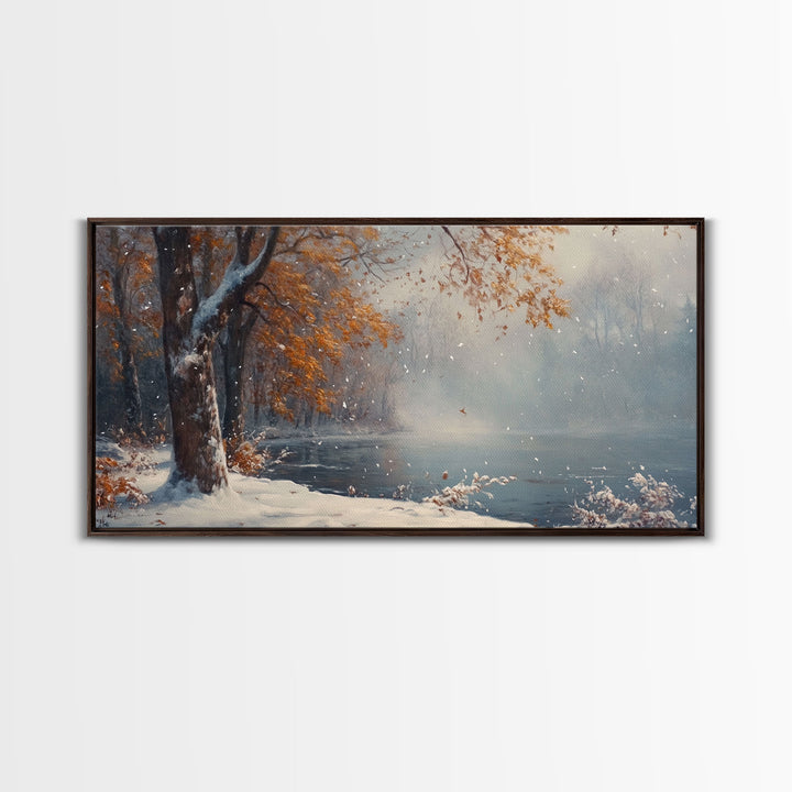 Autumn Lake Scene Framed Canvas Print with Fall Colors, Ideal Seasonal Wall Art or Gift Idea for Nature Lovers and Home Decor