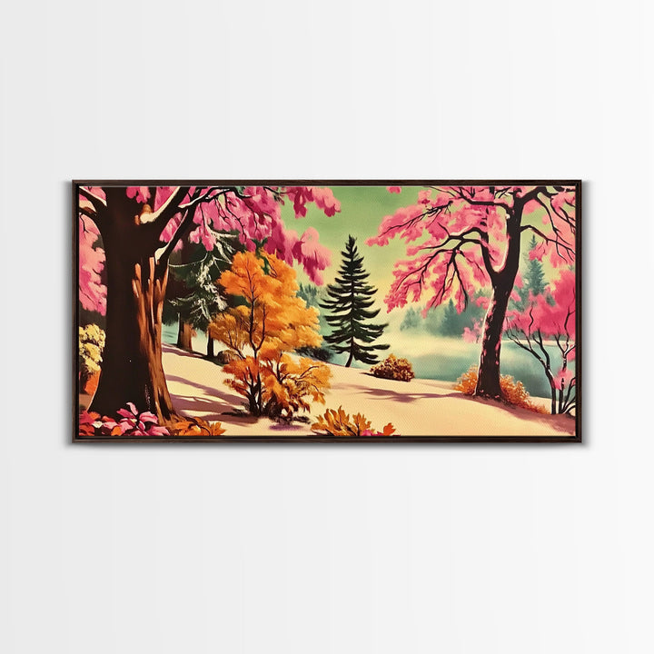 Colorful Path with Pink and Orange Trees Framed Canvas Print, Ideal Autumn Wall Art, Perfect Seasonal Decor Gift for Nature Lovers