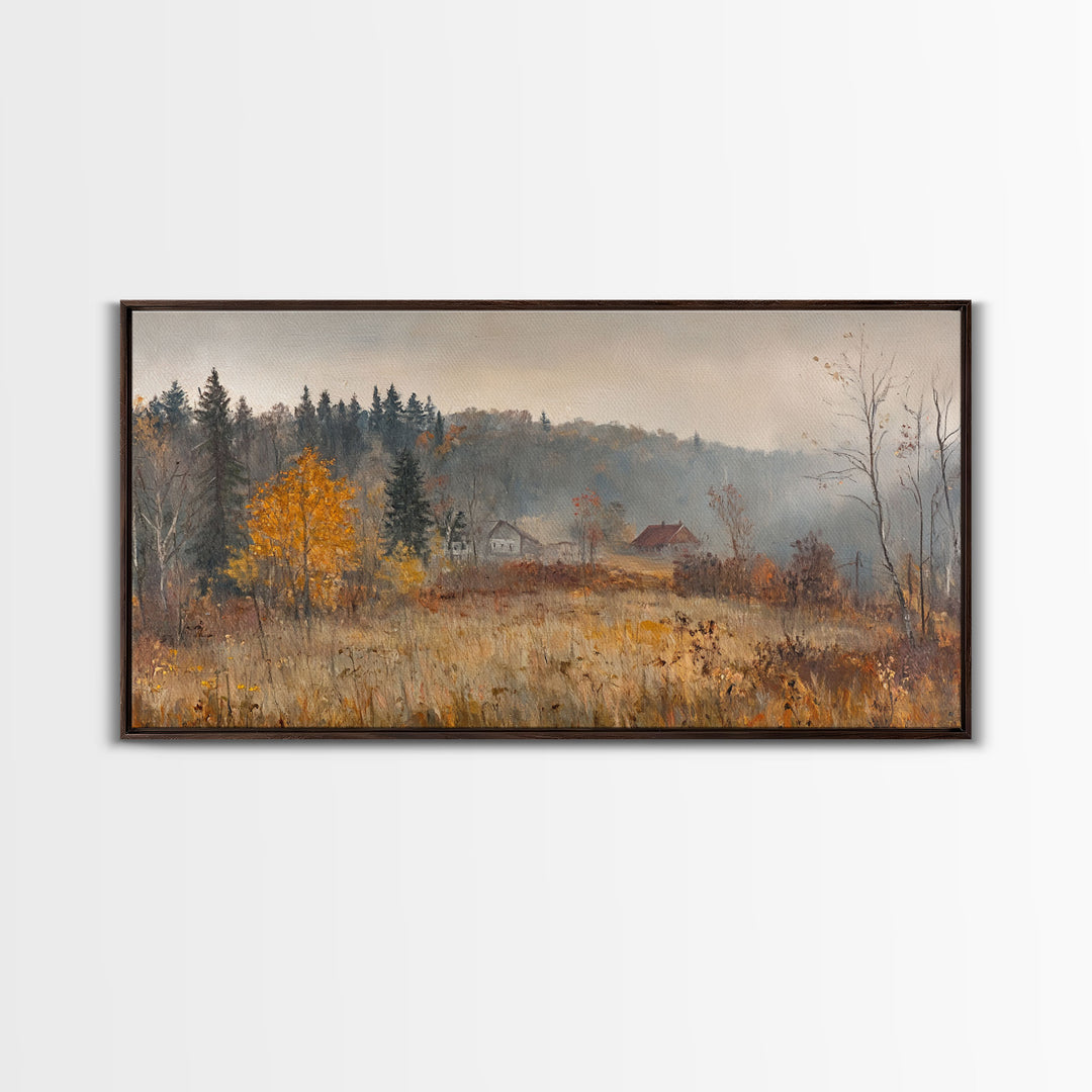 Early American Style Landscape Painting, Framed Canvas Print, Christmas Holiday Wall Art for Seasonal Winter Decor