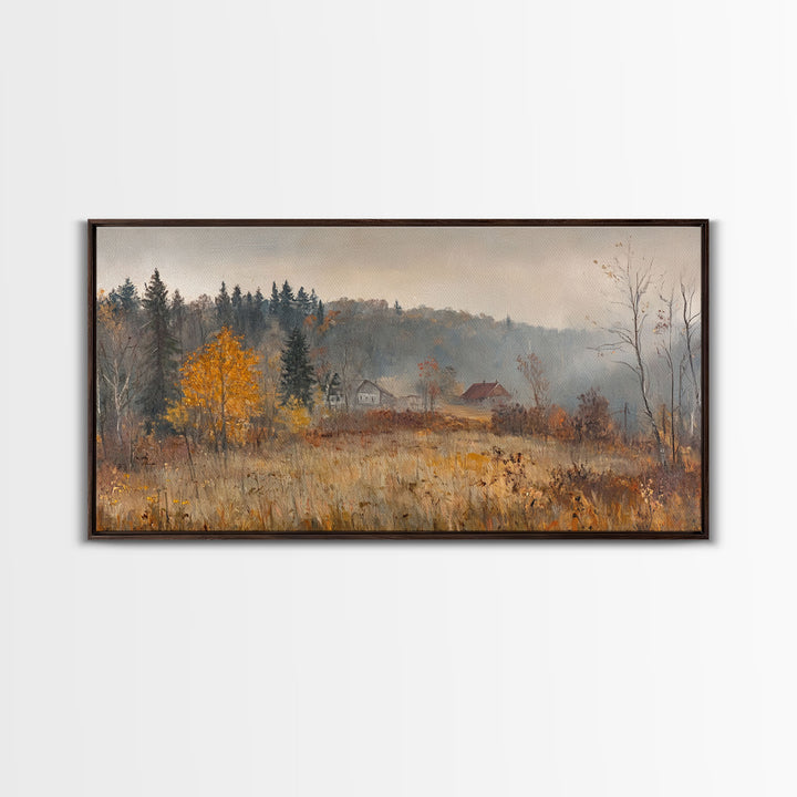 Early American Style Landscape Painting, Framed Canvas Print, Christmas Holiday Wall Art for Seasonal Winter Decor