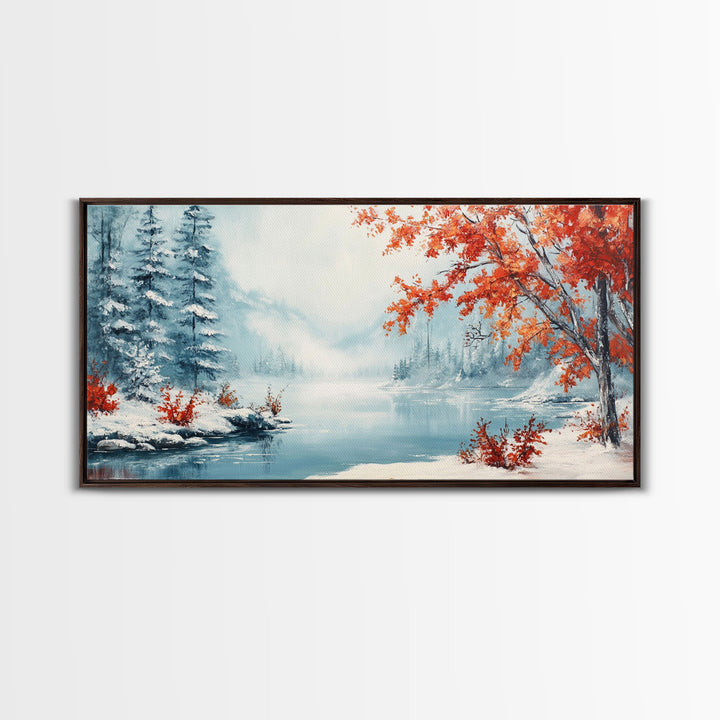 Painting Of A Forest In Winter, Framed Canvas Print with Wreaths, Perfect Christmas Holiday Decor, Ideal Winter Wall Art Gift