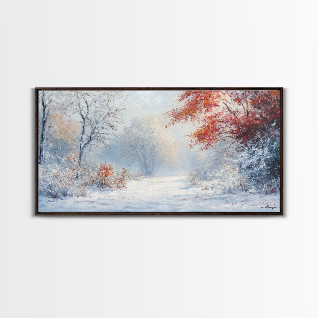 Cozy Cabin in the Snow Framed Canvas Print, Ideal Christmas Holiday Wall Art for Winter Wonderland Decor and Festive Home Interiors