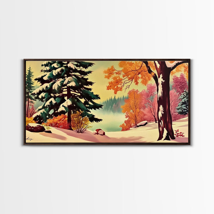 Retro 1950s Style Winter Landscape Painting, Framed Canvas Print, Perfect Holiday Wall Art for Vintage Christmas Decor and Festive Interiors