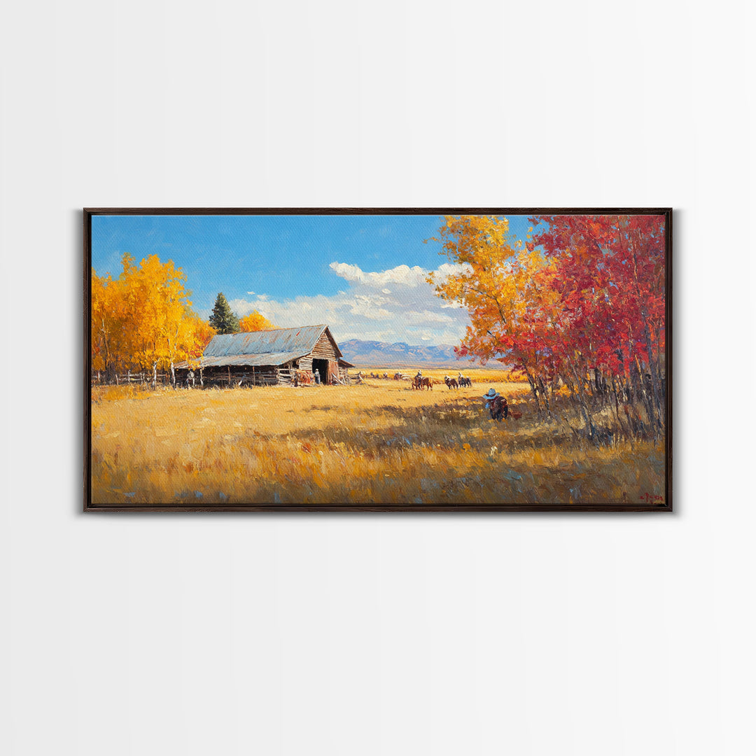 Group Of Horseback Riders In Autumn Field, Rustic Fall Scene Wall Art, Country Farmhouse Framed Canvas Print, Cozy Harvest Time Art