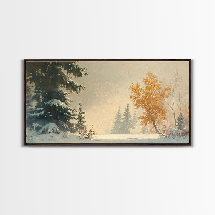 Subdued Winter Landscape, Moody Landscape Painting, Framed Canvas Print, classic Christmas wall art for holiday decor