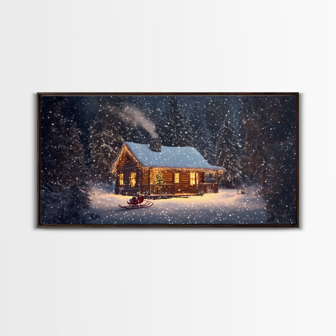 Cozy Cabin in Snow Framed Canvas Print, Winter Wonderland Scene Art, Rustic Christmas Decor, Holiday Wall Art, Seasonal Gift Idea