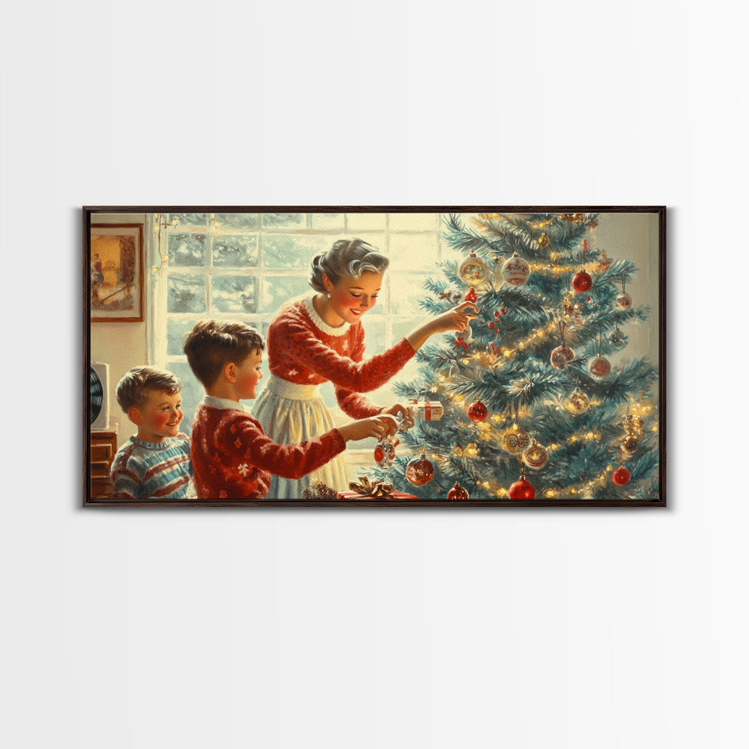 Family Decorating Tree Framed Canvas Print, Retro Christmas Scene, Vintage Holiday Decor, Christmas Tree Art, Christmas Wall Art Gift