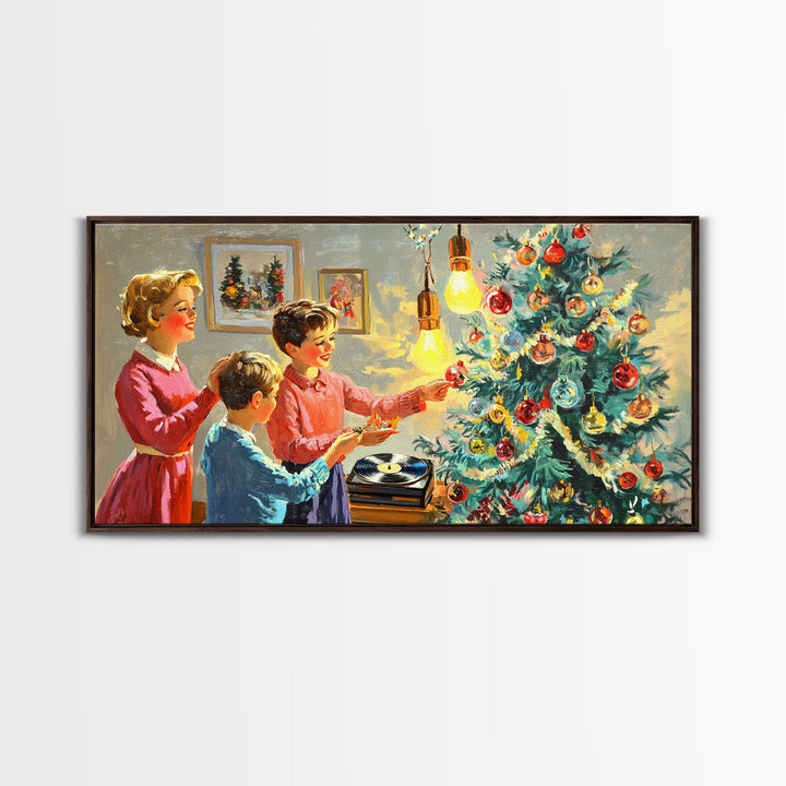Family Christmas Decorating Framed Canvas Print, Retro Holiday Scene Art, Vintage Christmas Home Decor, Christmas Art Prints, Wall Art