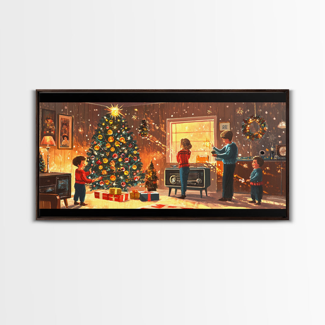 Cozy Christmas Evening Framed Canvas Print, Vintage Christmas Scene Art, Retro Holiday Home Decor, Christmas Tree Wall Art, Christmas Gift