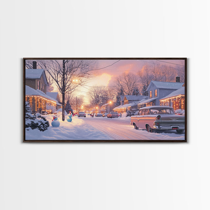 Snowy Neighborhood Evening Framed Canvas Print, Winter Wonderland Scene Art, Christmas Home Decor, Vintage Christmas Art, Holiday Wall Art