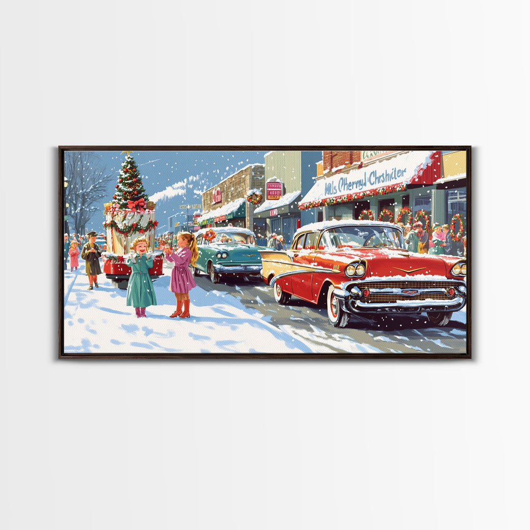 Christmas Parade Street Framed Canvas Print, Vintage Holiday Decor, Retro Christmas Scene Art, Best Gift Christmas Decor, Holiday Wall Art