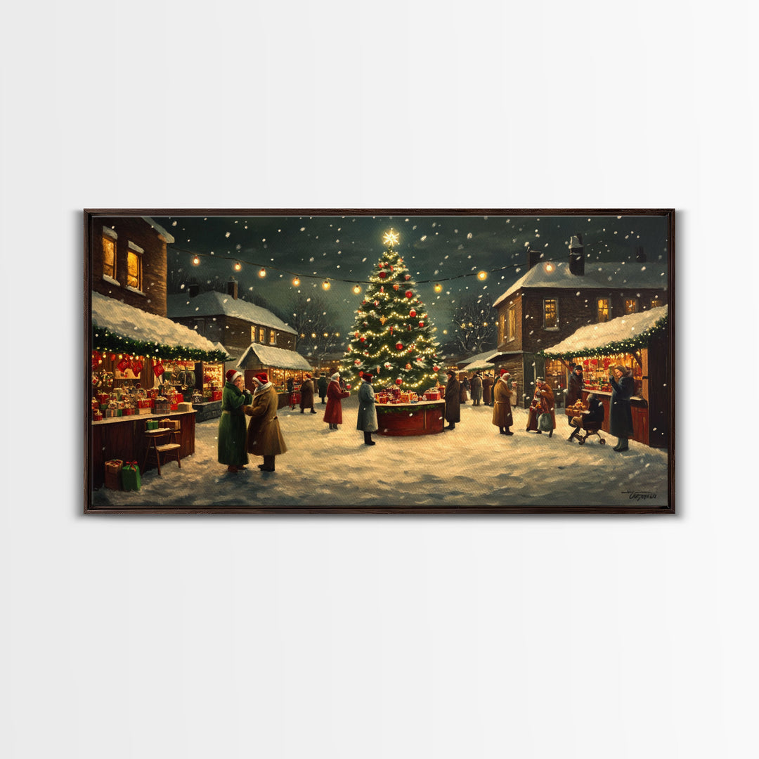 Vintage Christmas Village Market Scene Framed Canvas Print - Perfect Retro Christmas Wall Art and Vintage Christmas Home Decor 2024