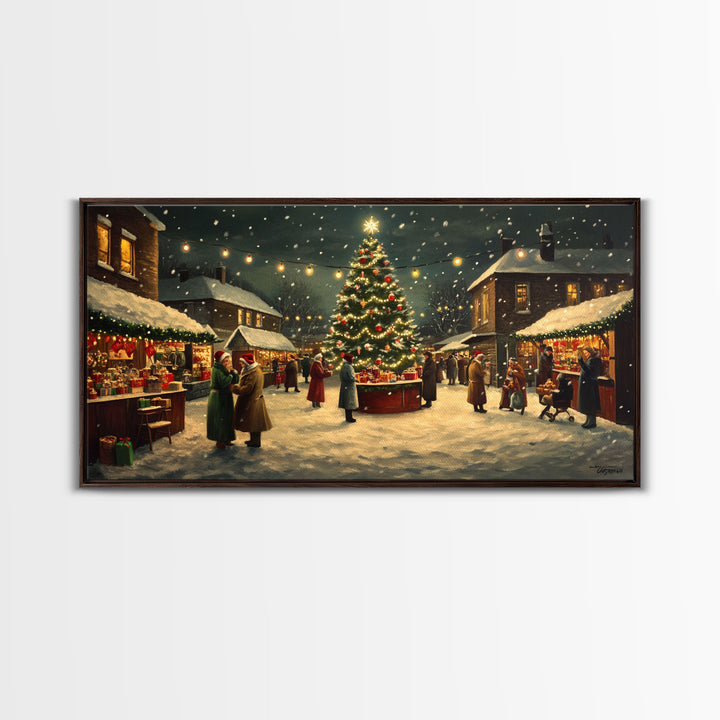 Vintage Christmas Village Market Scene Framed Canvas Print - Perfect Retro Christmas Wall Art and Vintage Christmas Home Decor 2024
