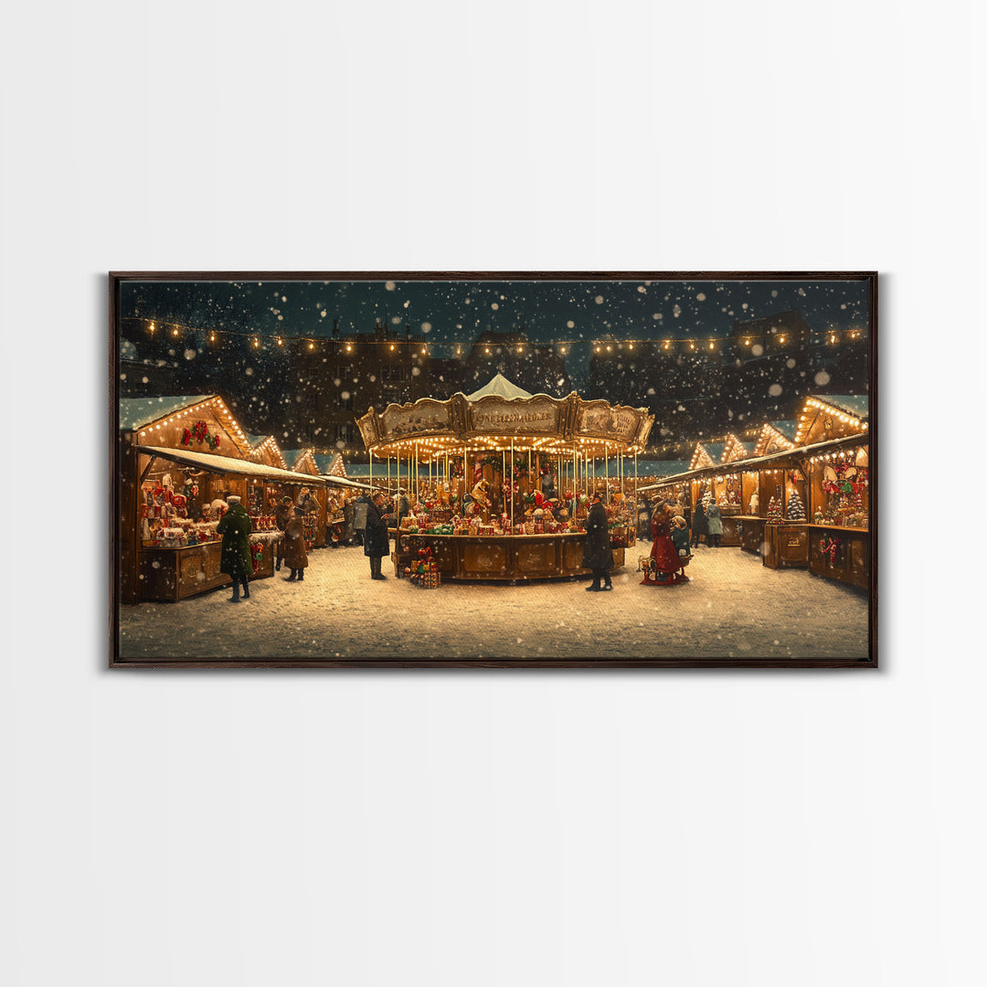Retro Carousel Christmas Market Framed Canvas Print - Beautiful Vintage Christmas Decor and Holiday Wall Art with Christmas Scene