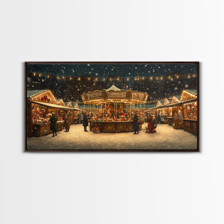 Retro Carousel Christmas Market Framed Canvas Print - Beautiful Vintage Christmas Decor and Holiday Wall Art with Christmas Scene