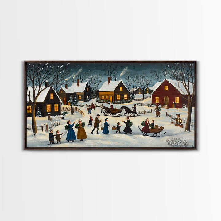 Colonial Village Christmas Scene Framed Canvas Print - Charming Christmas Wall Art and Vintage Holiday Decor 2024 Christmas Gift