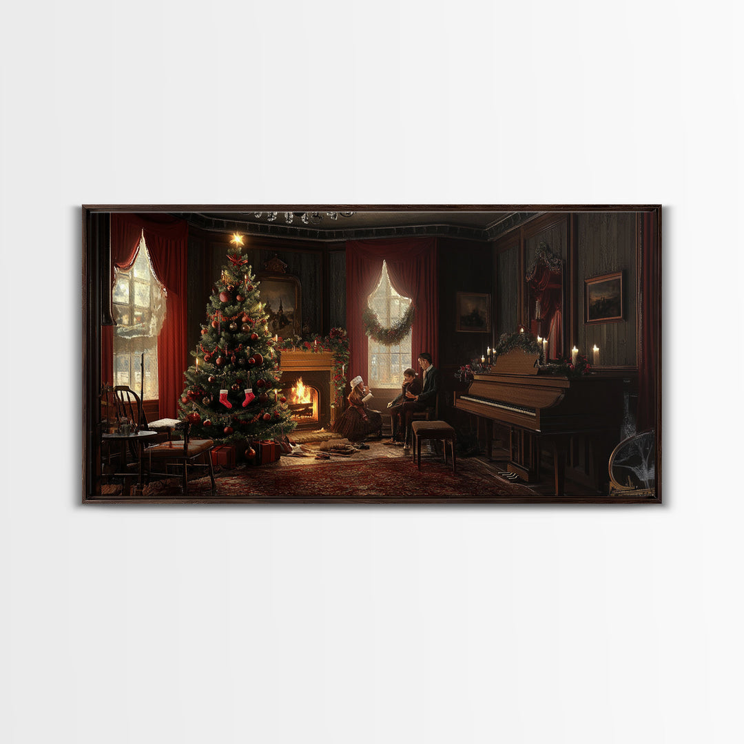 Victorian Christmas Living Room Framed Canvas Print - Elegant Christmas Decor with Vintage Holiday Charm and Indoor Wall Art