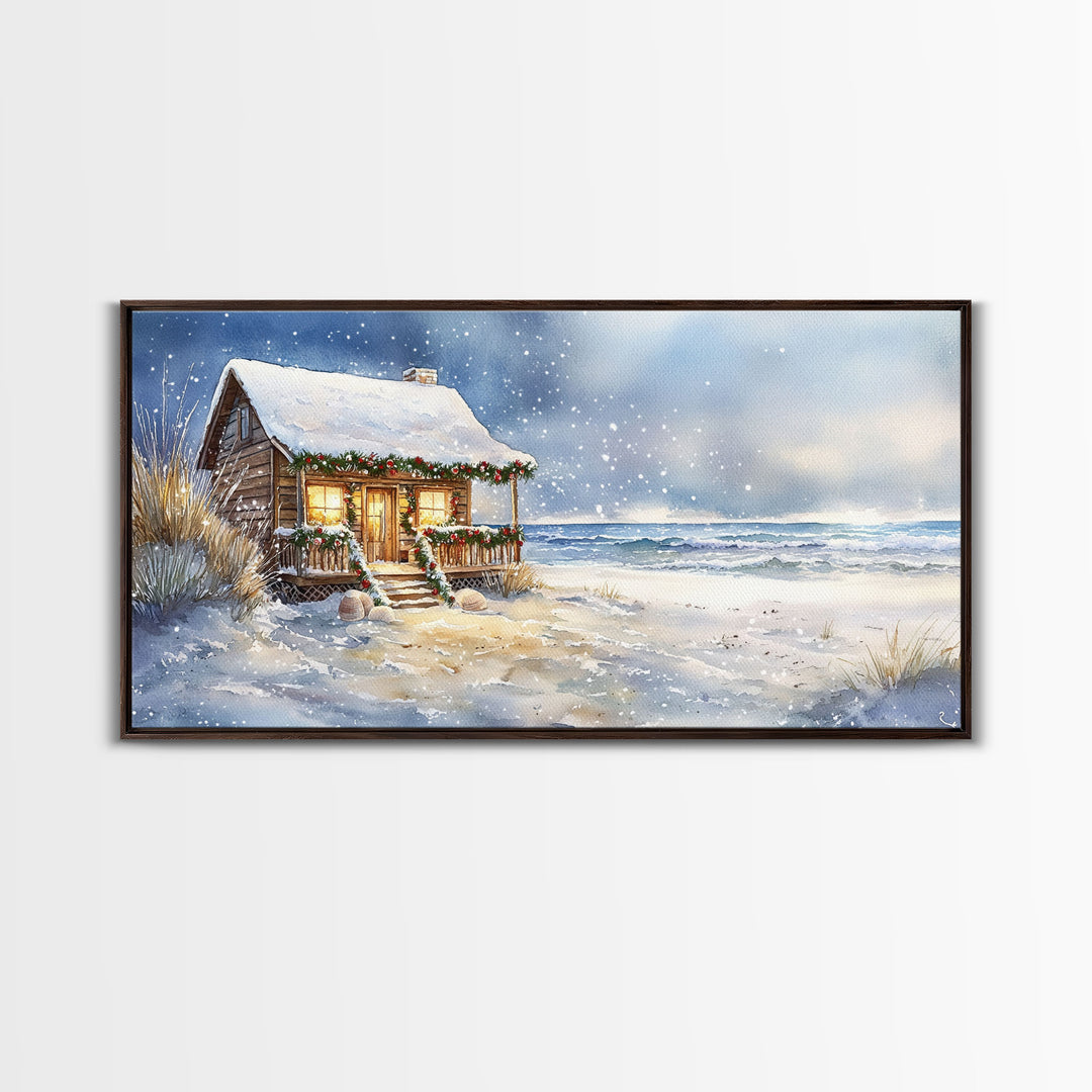Coastal Winter Cottage Snowy Christmas Scene With Framed Canvas Print, Winter Wonderland Beach House Christmas Decor Wall Art