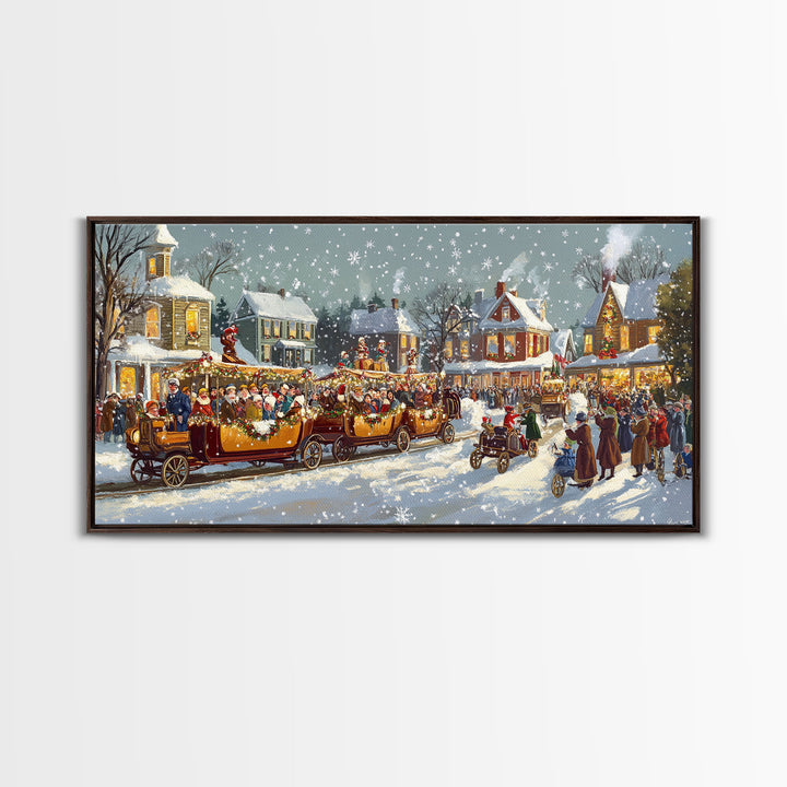 Vintage Christmas parade with decorated cars, 2024 Christmas scene art, framed canvas print, festive holiday art, Christmas wall art