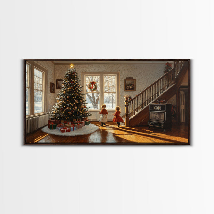 Vintage Christmas scene with children by tree, rustic Christmas home decor, framed canvas print, Christmas art prints, 2024 holiday wall art