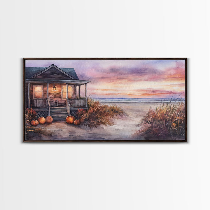 Rustic Beach Cottage Fall Scene Framed Canvas Print, Coastal Autumn Sunset Wall Art Ideal Autumn Gift, Seasonal Beach Decor