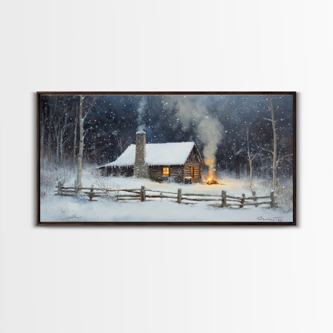 Rustic Cabin in Snow Framed Canvas Print, Cozy Winter Wonderland Art, Best Gift Idea for Christmas Wall Art, Vintage Holiday Decor